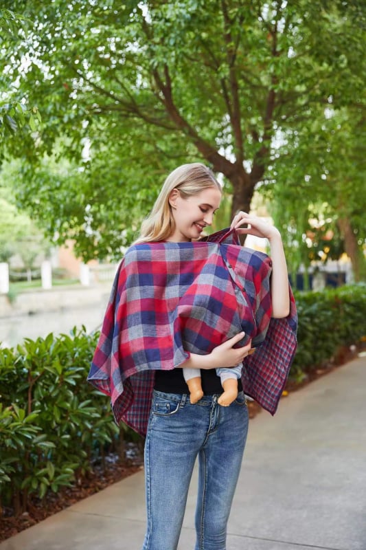 Пелерина за кърмене с каре модел, V-образно деколте, без ръкави, дължина 50–65 см, памучно-смесена материя (95% памук)