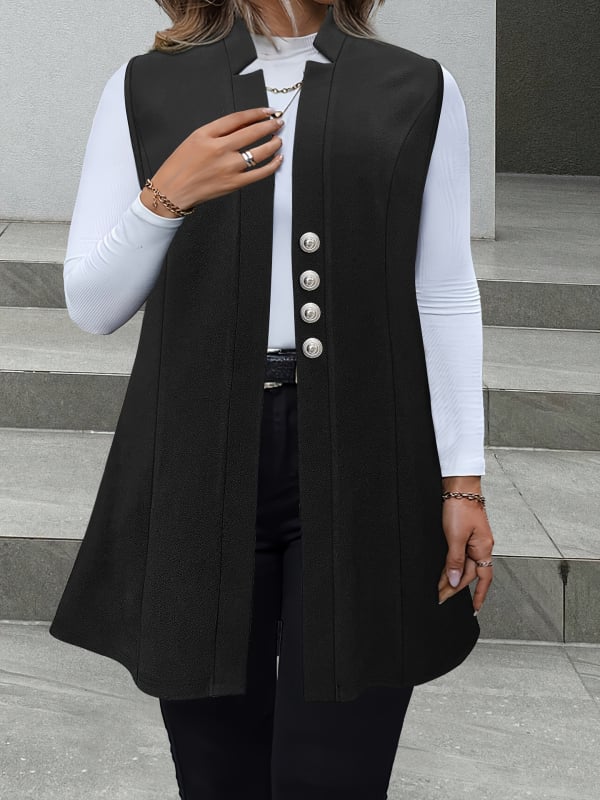 Bez rukava kardigan jakna, uski kroj, ovratnik odijela, poliester-elastan smjesa, srednja duljina 65-80 cm
