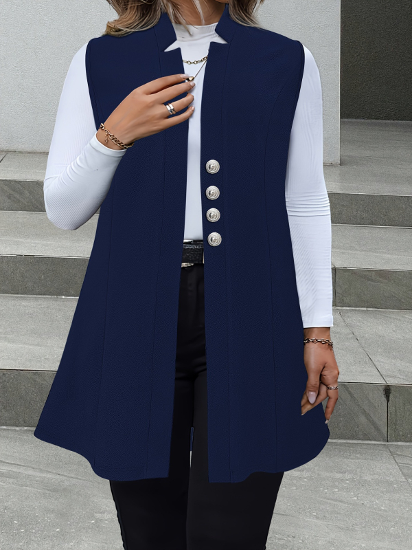 Bez rukava kardigan jakna, uski kroj, ovratnik odijela, poliester-elastan smjesa, srednja duljina 65-80 cm