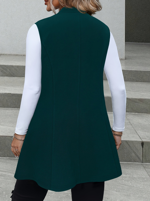 Bez rukava kardigan jakna, uski kroj, ovratnik odijela, poliester-elastan smjesa, srednja duljina 65-80 cm