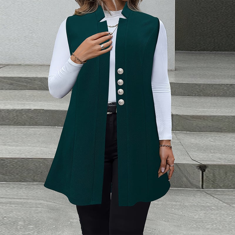 Bez rukava kardigan jakna, uski kroj, ovratnik odijela, poliester-elastan smjesa, srednja duljina 65-80 cm