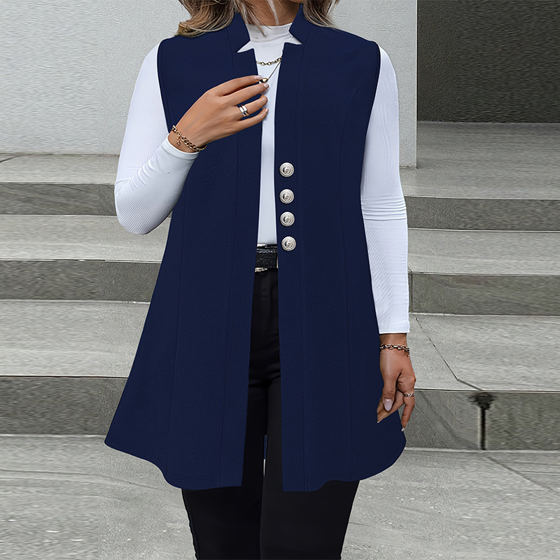 Bez rukava kardigan jakna, uski kroj, ovratnik odijela, poliester-elastan smjesa, srednja duljina 65-80 cm