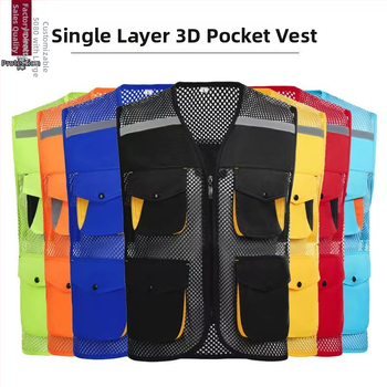 Vestă din plasă de pescuit pentru voluntari, cu logo imprimat, respirabilă, reflectorizantă, închidere cu fermoar, potrivită pentru toate anotimpurile