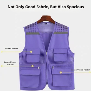 Vestă din plasă de pescuit pentru voluntari, cu logo imprimat, respirabilă, reflectorizantă, închidere cu fermoar, potrivită pentru toate anotimpurile