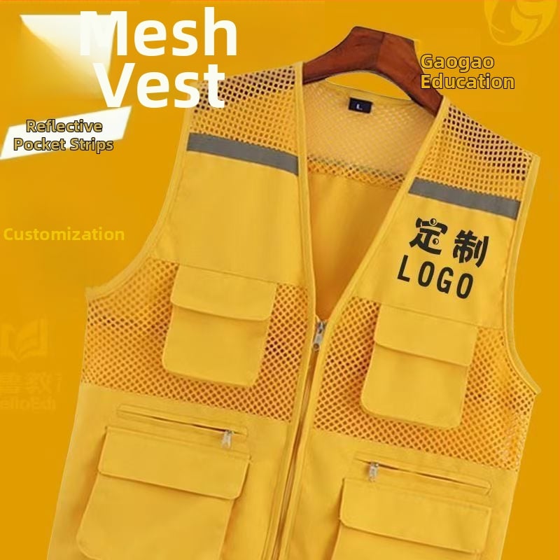 Vestă din plasă de pescuit pentru voluntari, cu logo imprimat, respirabilă, reflectorizantă, închidere cu fermoar, potrivită pentru toate anotimpurile