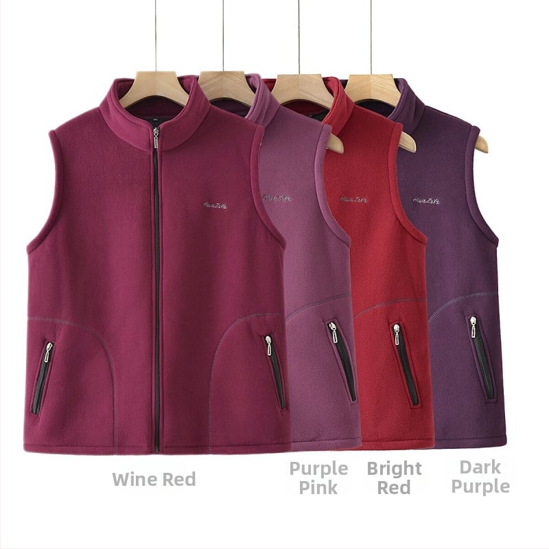 Ženski kardigan-vest od granuliranog velura, fleec podstava, stojeći ovratnik, jesen 2025