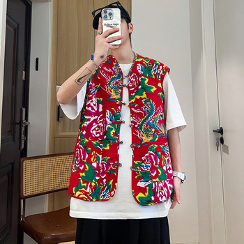 Pamukasta vest s stojećim ovratnikom, jednostruko kopčanje, slobodan kroj, unisex ljetna vest s bočnim džepovima, jednofarban uzorak, sportsko-kardigan stil, Hanfu nadahnuća kineska vest