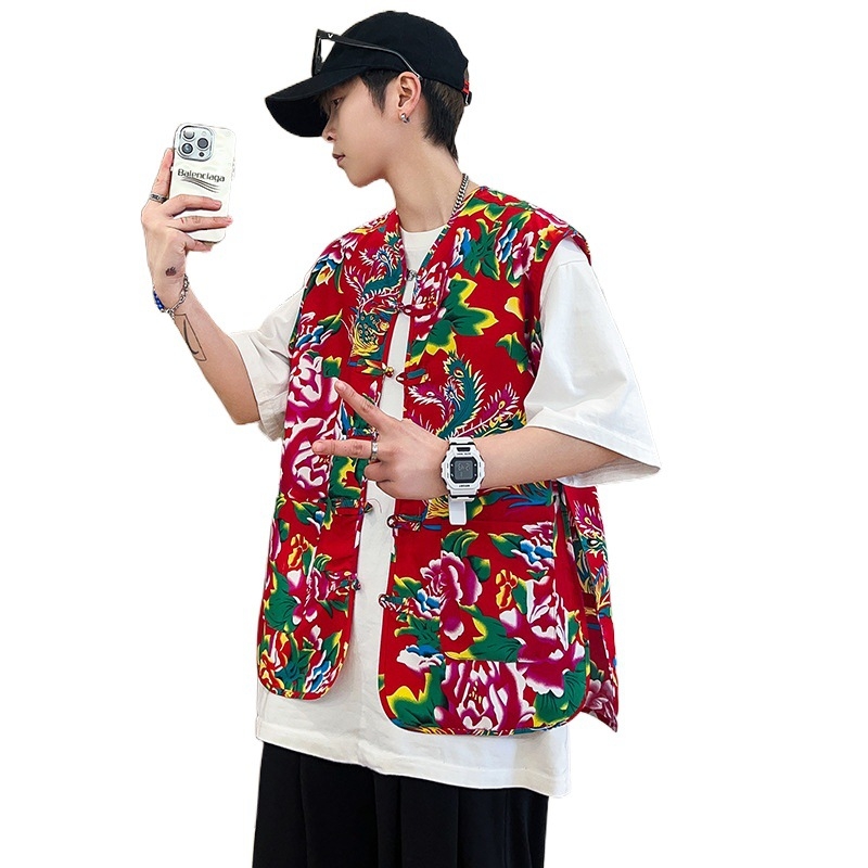 Pamukasta vest s stojećim ovratnikom, jednostruko kopčanje, slobodan kroj, unisex ljetna vest s bočnim džepovima, jednofarban uzorak, sportsko-kardigan stil, Hanfu nadahnuća kineska vest