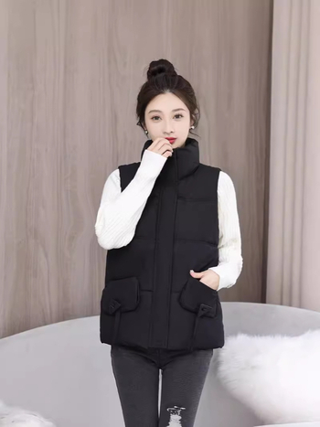 Ženski debeli prsluk-jakna bez rukava sa stojećim ovratnikom, jesen 2024, mješavina tkanina: spandex 50–70% + regenerirana celuloza 30–50%