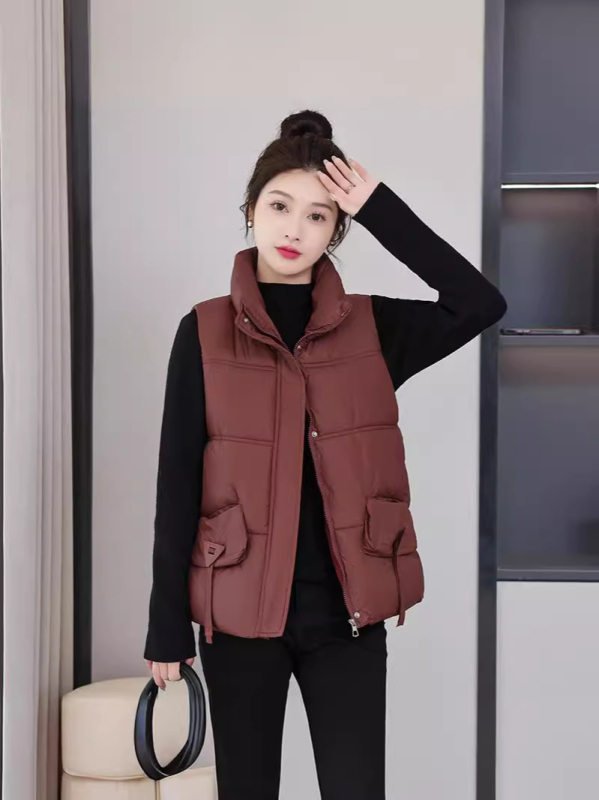 Ženski debeli prsluk-jakna bez rukava sa stojećim ovratnikom, jesen 2024, mješavina tkanina: spandex 50–70% + regenerirana celuloza 30–50%