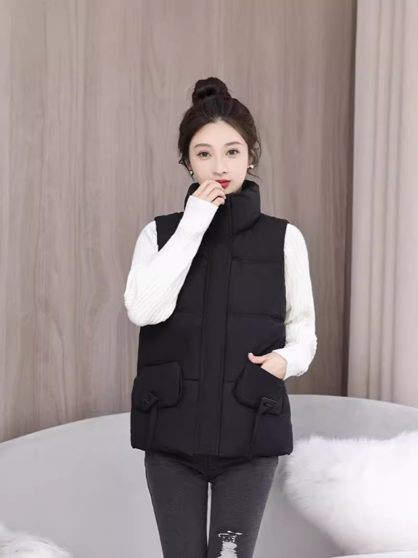 Ženski debeli prsluk-jakna bez rukava sa stojećim ovratnikom, jesen 2024, mješavina tkanina: spandex 50–70% + regenerirana celuloza 30–50%