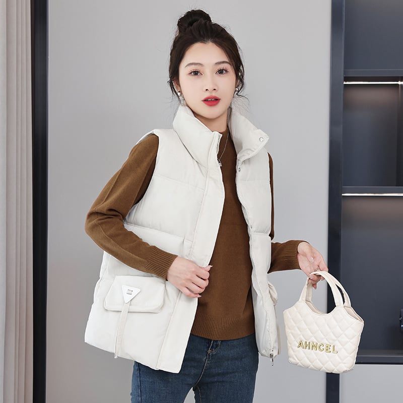 Ženski debeli prsluk-jakna bez rukava sa stojećim ovratnikom, jesen 2024, mješavina tkanina: spandex 50–70% + regenerirana celuloza 30–50%