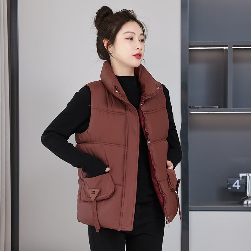 Ženski debeli prsluk-jakna bez rukava sa stojećim ovratnikom, jesen 2024, mješavina tkanina: spandex 50–70% + regenerirana celuloza 30–50%