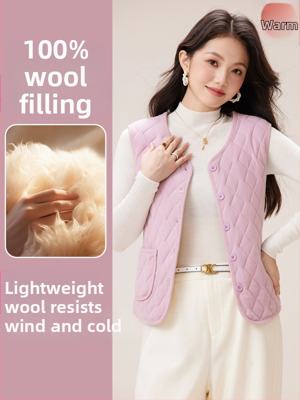 Dámska vesta s vlnenou fleecovou podšívkou, V-krk, zapínanie na gombík, polyesterová vonkajšia látka