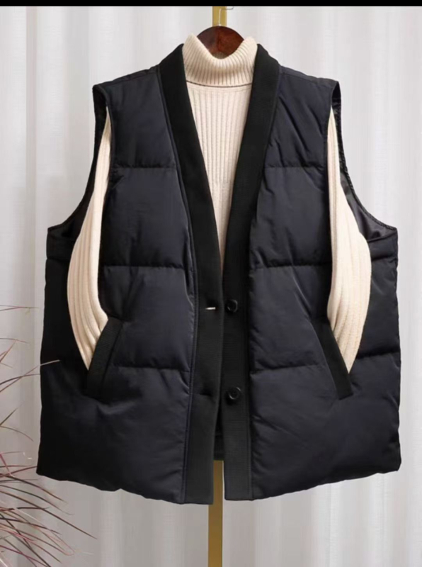 Ženska down vesta s patchwork-knit dizajnom, V-izrez, slobodan kroj, punilo od patkastog perja 101-200 g, vanjski materijal: najlon, podstava: poliester, proljeće 2025