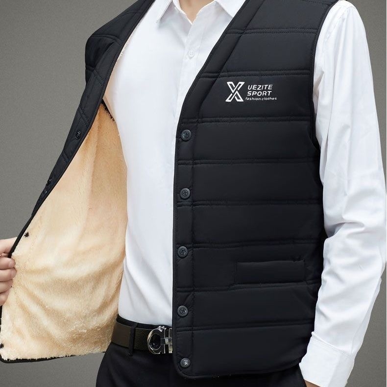 Vesta bărbătească din lână corduroy, cu glugă, căptușită cu fleece, umplutură din bumbac, lungime talie, stil lejer