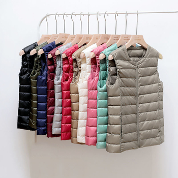 Дамска нейлонова пухена жилетка, без яка, цип отпред, тънък силует, дължина 50–65 см