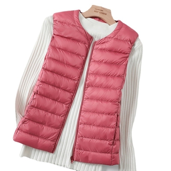 Дамска нейлонова пухена жилетка, без яка, цип отпред, тънък силует, дължина 50–65 см
