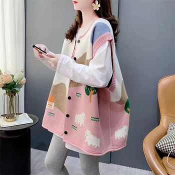 Ženska žakardna kardigan-vest — slobodan kroj, U-dekolte, anime uzorak