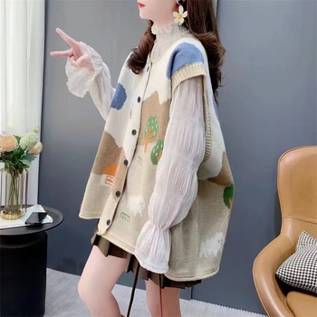 Ženska žakardna kardigan-vest — slobodan kroj, U-dekolte, anime uzorak
