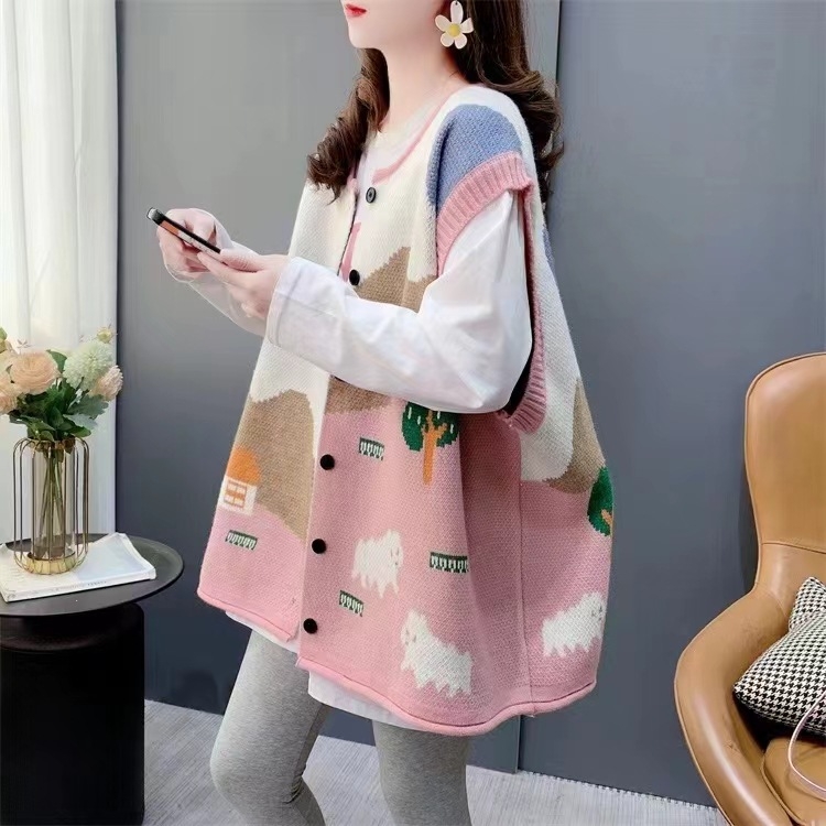 Ženska žakardna kardigan-vest — slobodan kroj, U-dekolte, anime uzorak