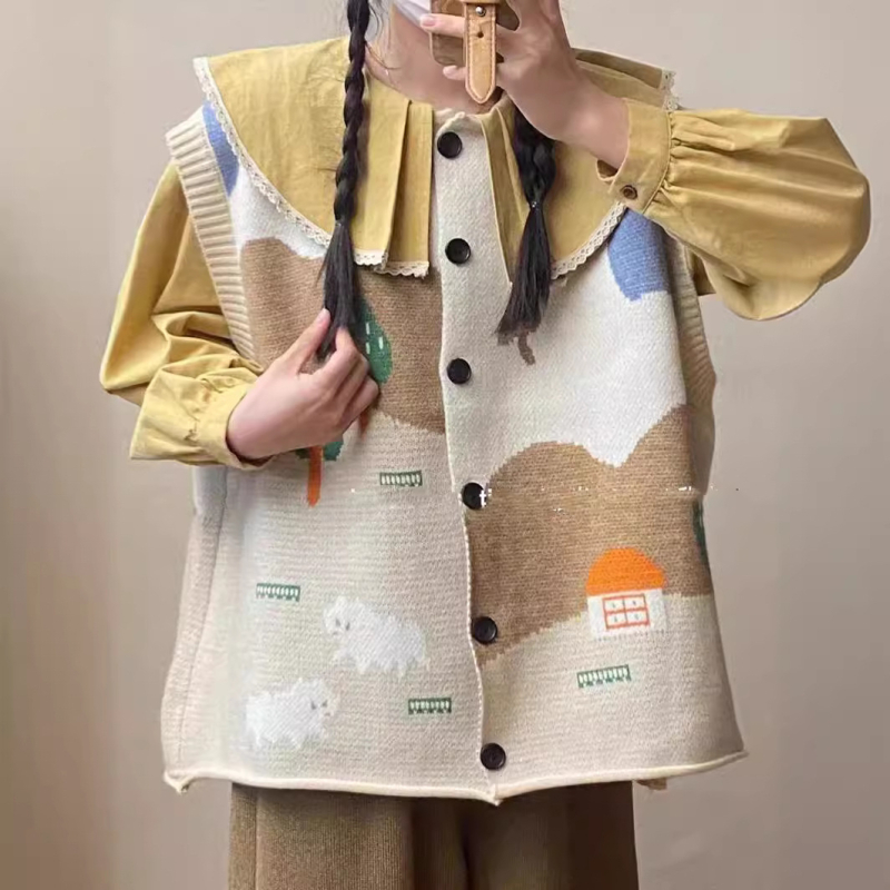 Ženska žakardna kardigan-vest — slobodan kroj, U-dekolte, anime uzorak