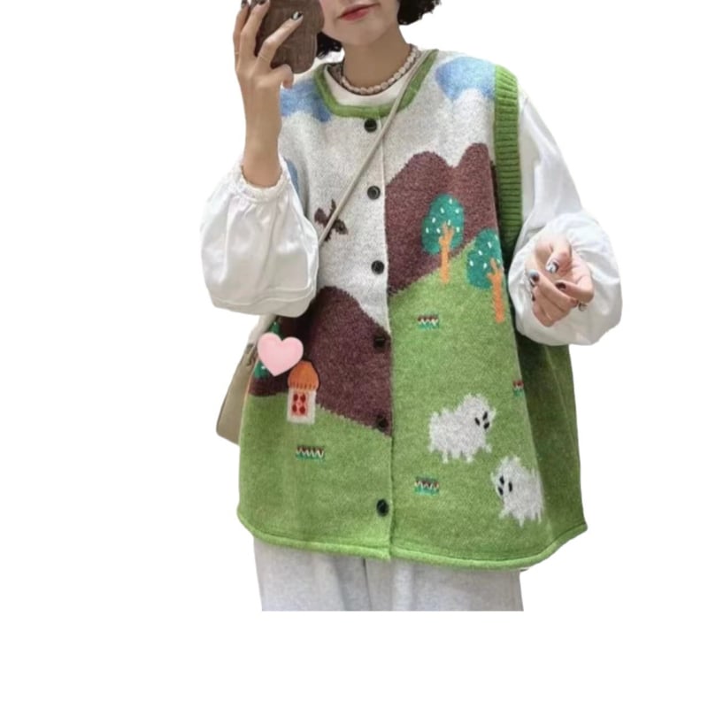 Ženska žakardna kardigan-vest — slobodan kroj, U-dekolte, anime uzorak