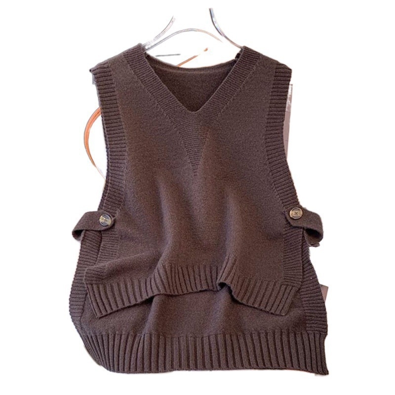 Ženski pleteni vest s V-izrezom, vuneni smjesa, jesen 2025, preko glave, gradski stil