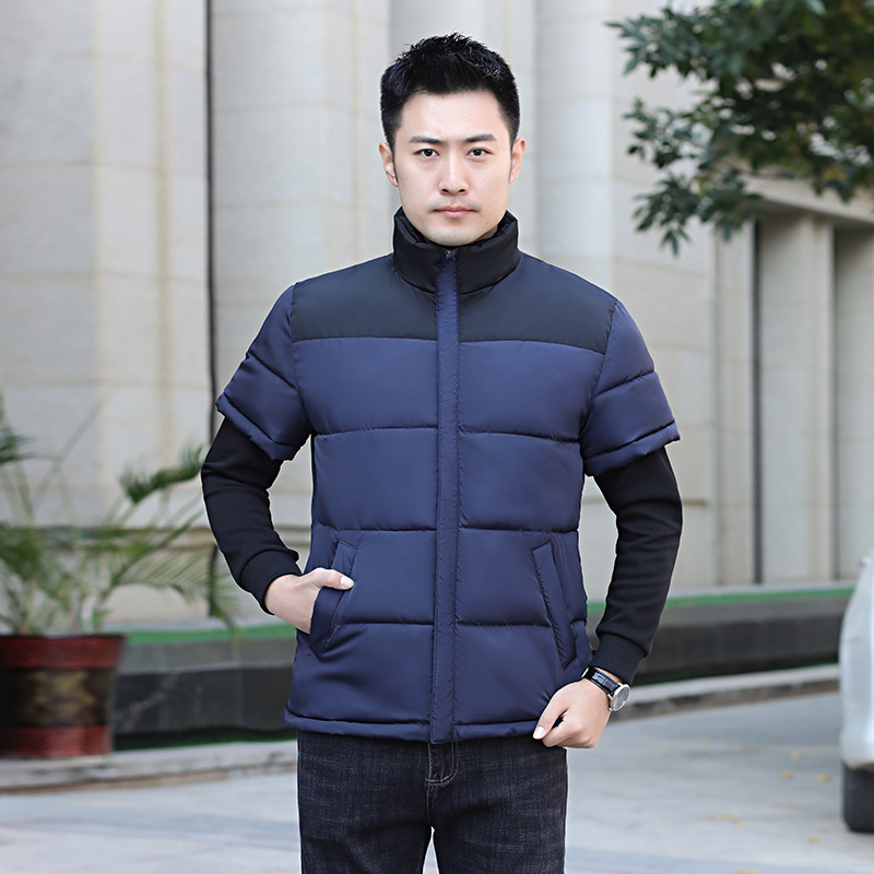 Férfi vastag poliészter párnázott kabát kapucni nélkül, szabad szabás, tél 2024