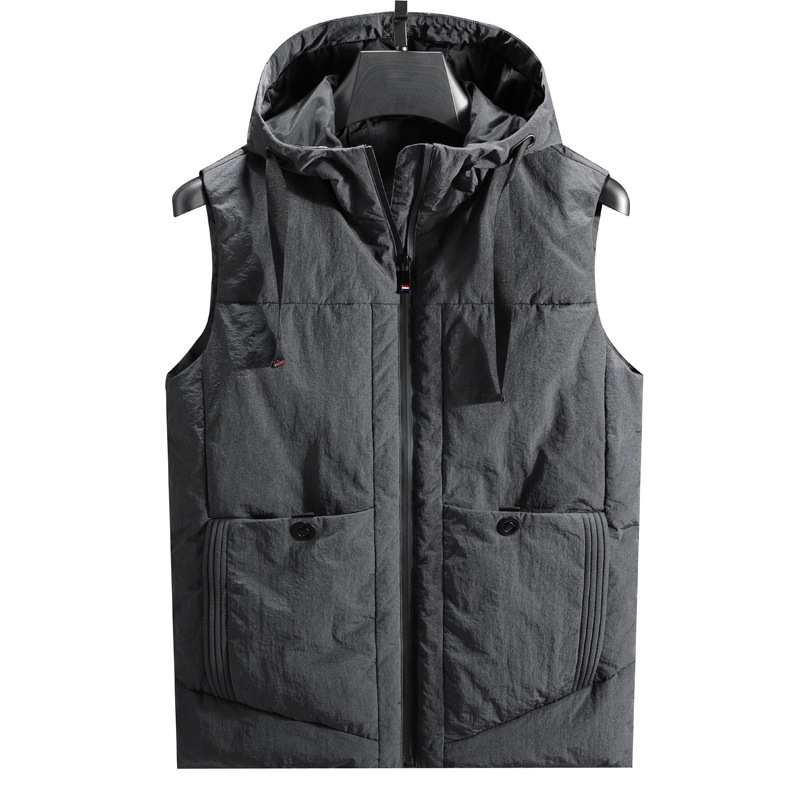 Ανδρικό γιλέκο με κουκούλα από πούπουλα, ιαπωνικού ρετρό στυλ cardigan, στενή γραμμή, στάσιμος γιακά, φερμουάρ