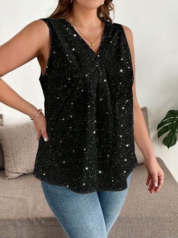 Ženska tiskana majica bez rukava s V-izrezom — uzorak valovito-točkastih točaka, Milk Silk tkanina, udoban kroj, 95% poliester + elastan <30%, ljeto 2025