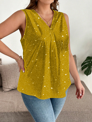 Ženska tiskana majica bez rukava s V-izrezom — uzorak valovito-točkastih točaka, Milk Silk tkanina, udoban kroj, 95% poliester + elastan <30%, ljeto 2025