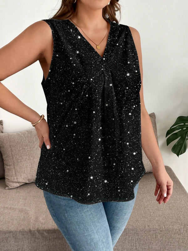 Ženska tiskana majica bez rukava s V-izrezom — uzorak valovito-točkastih točaka, Milk Silk tkanina, udoban kroj, 95% poliester + elastan <30%, ljeto 2025