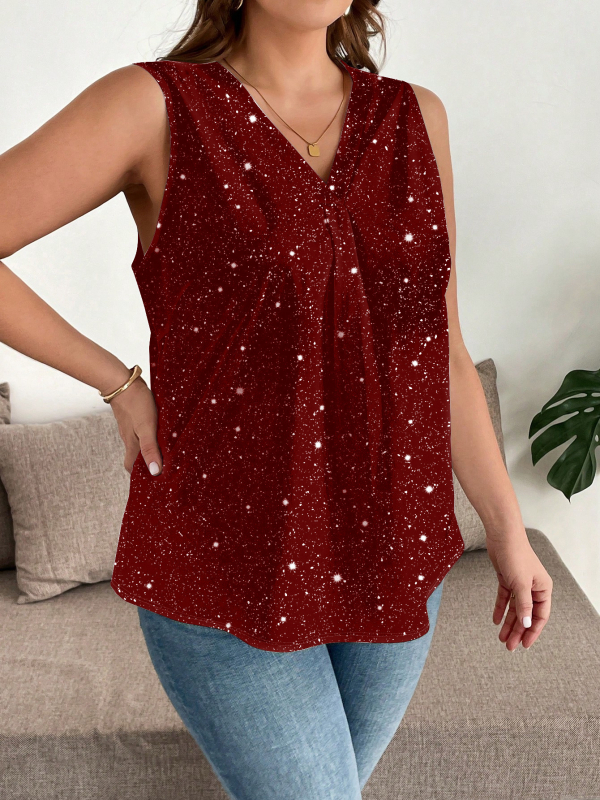 Ženska tiskana majica bez rukava s V-izrezom — uzorak valovito-točkastih točaka, Milk Silk tkanina, udoban kroj, 95% poliester + elastan <30%, ljeto 2025