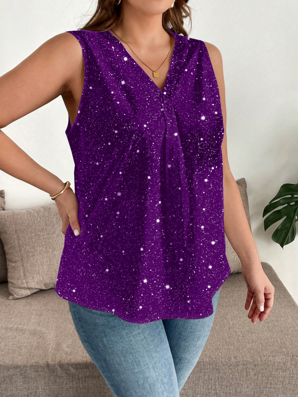 Ženska tiskana majica bez rukava s V-izrezom — uzorak valovito-točkastih točaka, Milk Silk tkanina, udoban kroj, 95% poliester + elastan <30%, ljeto 2025