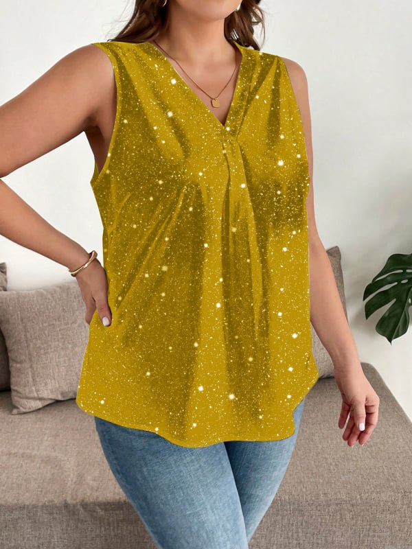 Ženska tiskana majica bez rukava s V-izrezom — uzorak valovito-točkastih točaka, Milk Silk tkanina, udoban kroj, 95% poliester + elastan <30%, ljeto 2025