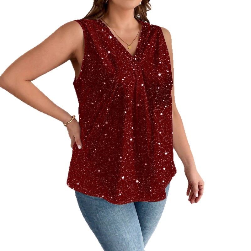 Ženska tiskana majica bez rukava s V-izrezom — uzorak valovito-točkastih točaka, Milk Silk tkanina, udoban kroj, 95% poliester + elastan <30%, ljeto 2025