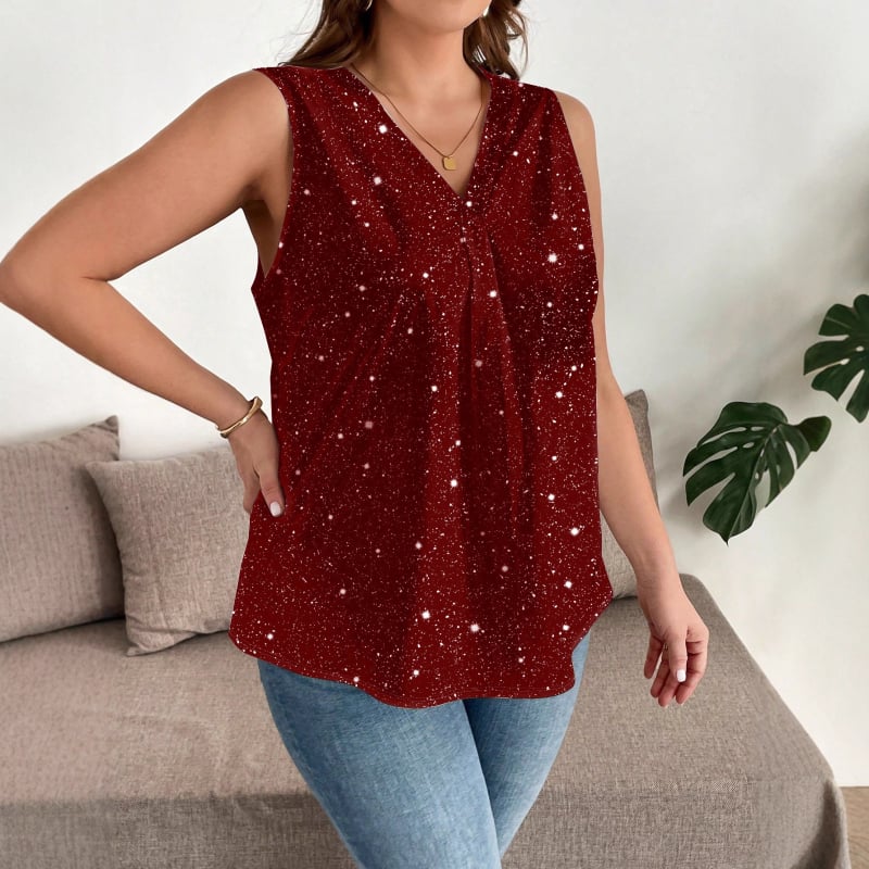 Ženska tiskana majica bez rukava s V-izrezom — uzorak valovito-točkastih točaka, Milk Silk tkanina, udoban kroj, 95% poliester + elastan <30%, ljeto 2025