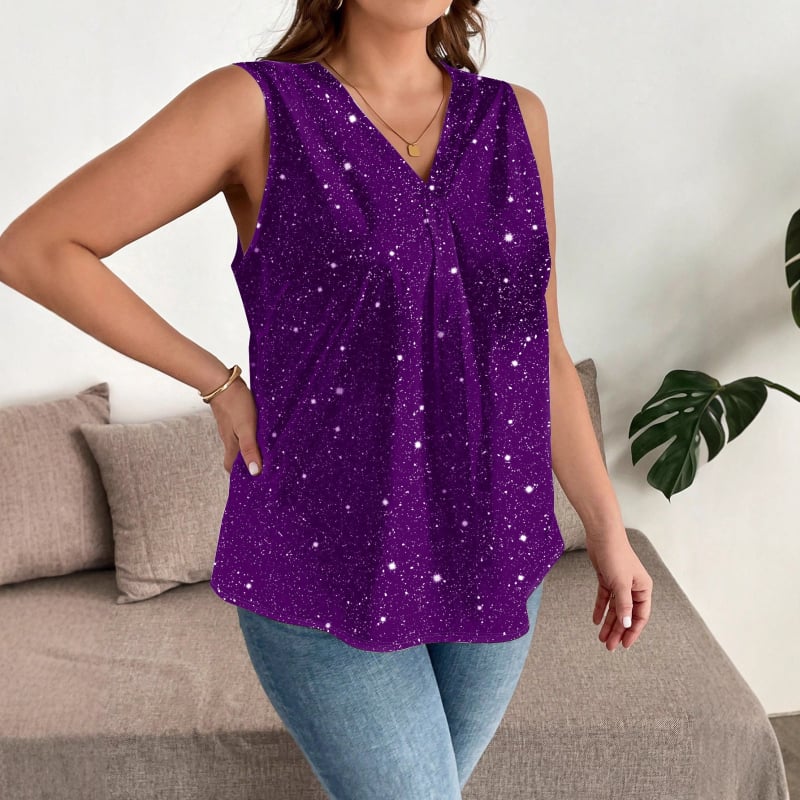 Ženska tiskana majica bez rukava s V-izrezom — uzorak valovito-točkastih točaka, Milk Silk tkanina, udoban kroj, 95% poliester + elastan <30%, ljeto 2025