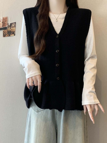 Kötött ujjatlan mellény V-nyakú kivágással, egyszínű, hossz 50–65 cm, spandex tartalom 30% alatt