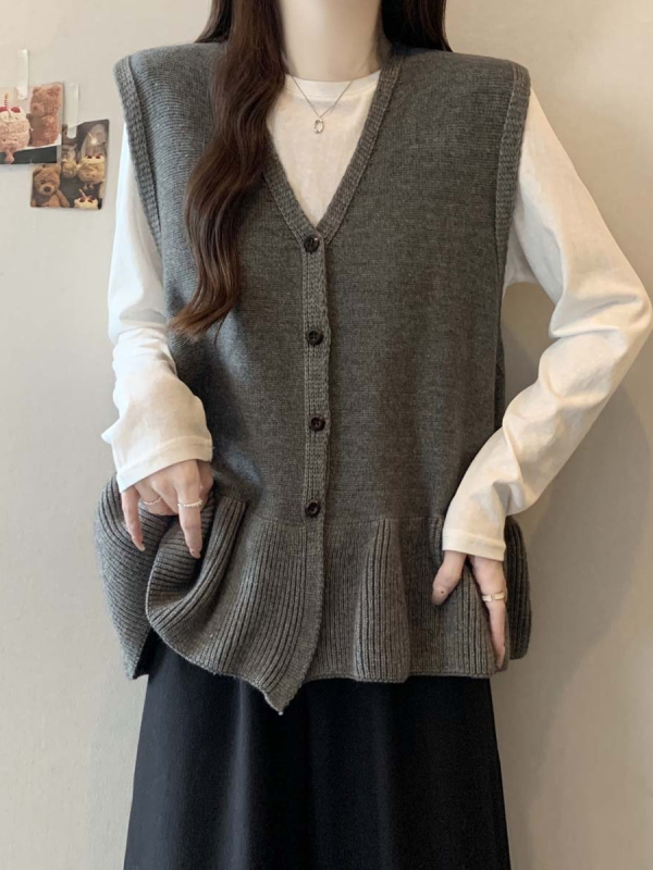 Kötött ujjatlan mellény V-nyakú kivágással, egyszínű, hossz 50–65 cm, spandex tartalom 30% alatt