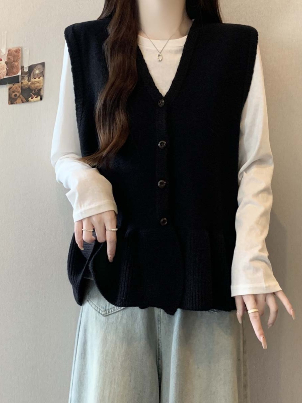 Kötött ujjatlan mellény V-nyakú kivágással, egyszínű, hossz 50–65 cm, spandex tartalom 30% alatt