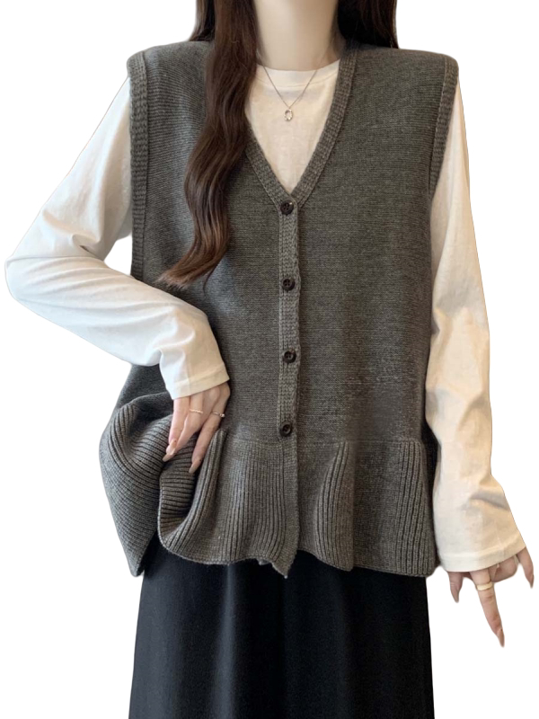 Kötött ujjatlan mellény V-nyakú kivágással, egyszínű, hossz 50–65 cm, spandex tartalom 30% alatt