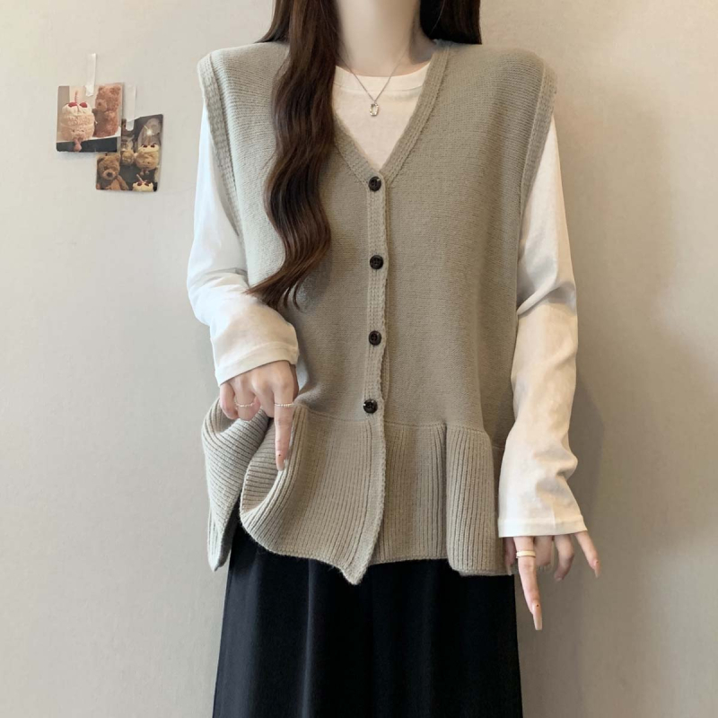 Kötött ujjatlan mellény V-nyakú kivágással, egyszínű, hossz 50–65 cm, spandex tartalom 30% alatt