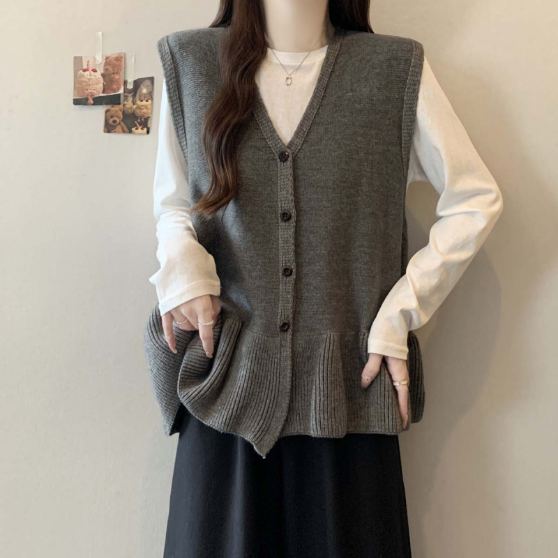 Kötött ujjatlan mellény V-nyakú kivágással, egyszínű, hossz 50–65 cm, spandex tartalom 30% alatt