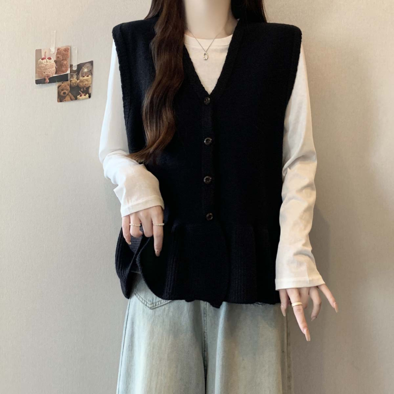 Kötött ujjatlan mellény V-nyakú kivágással, egyszínű, hossz 50–65 cm, spandex tartalom 30% alatt