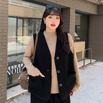 Női egyszínű granulos velúr kardigán-vest, V-nyak, egygombos, középmagas hossz, 95% poliészter, tél 2023, Phoenix Yishe