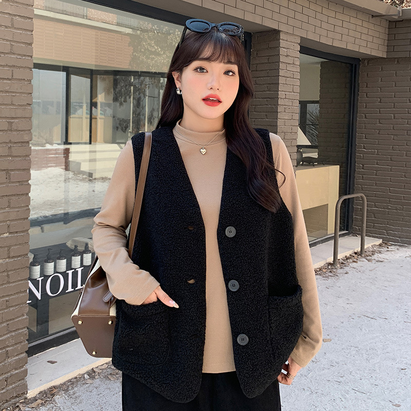 Női egyszínű granulos velúr kardigán-vest, V-nyak, egygombos, középmagas hossz, 95% poliészter, tél 2023, Phoenix Yishe