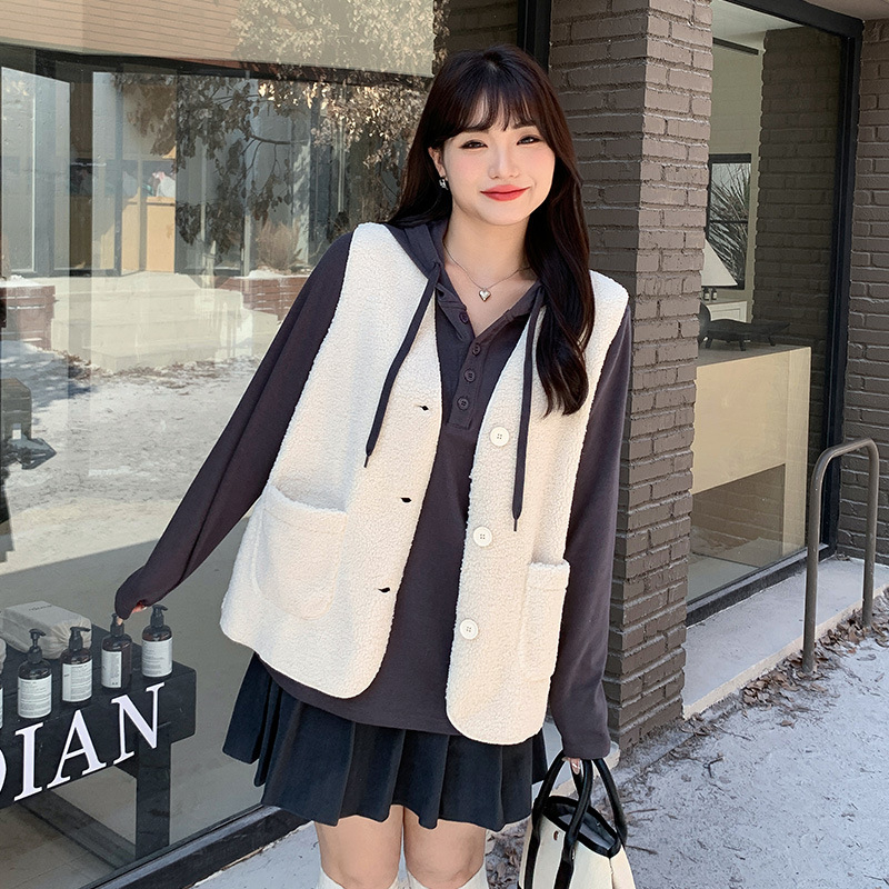 Női egyszínű granulos velúr kardigán-vest, V-nyak, egygombos, középmagas hossz, 95% poliészter, tél 2023, Phoenix Yishe