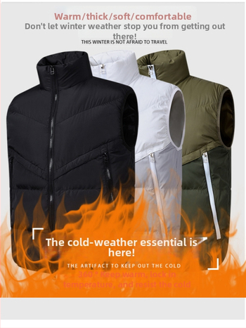 Férfi nylonból készült down-pamut töltésű mellény koreai stílusban, derékig érő, cipzáras zsebek